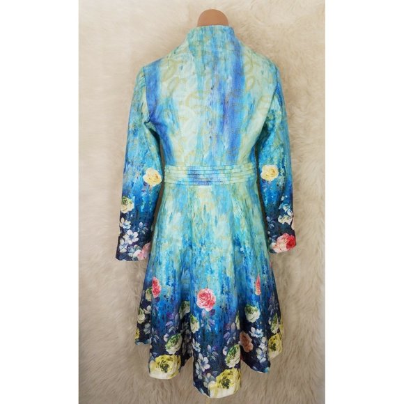 Susongeth Womens Sz Large Dress Long Sleeve Rose Watercolor Fitted Waist Rare L - Picture 5 of 7